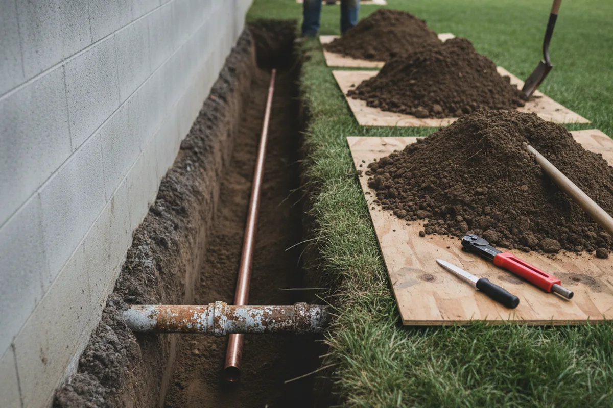 Excavated water line trench during Water Softener Installation in Edmonds